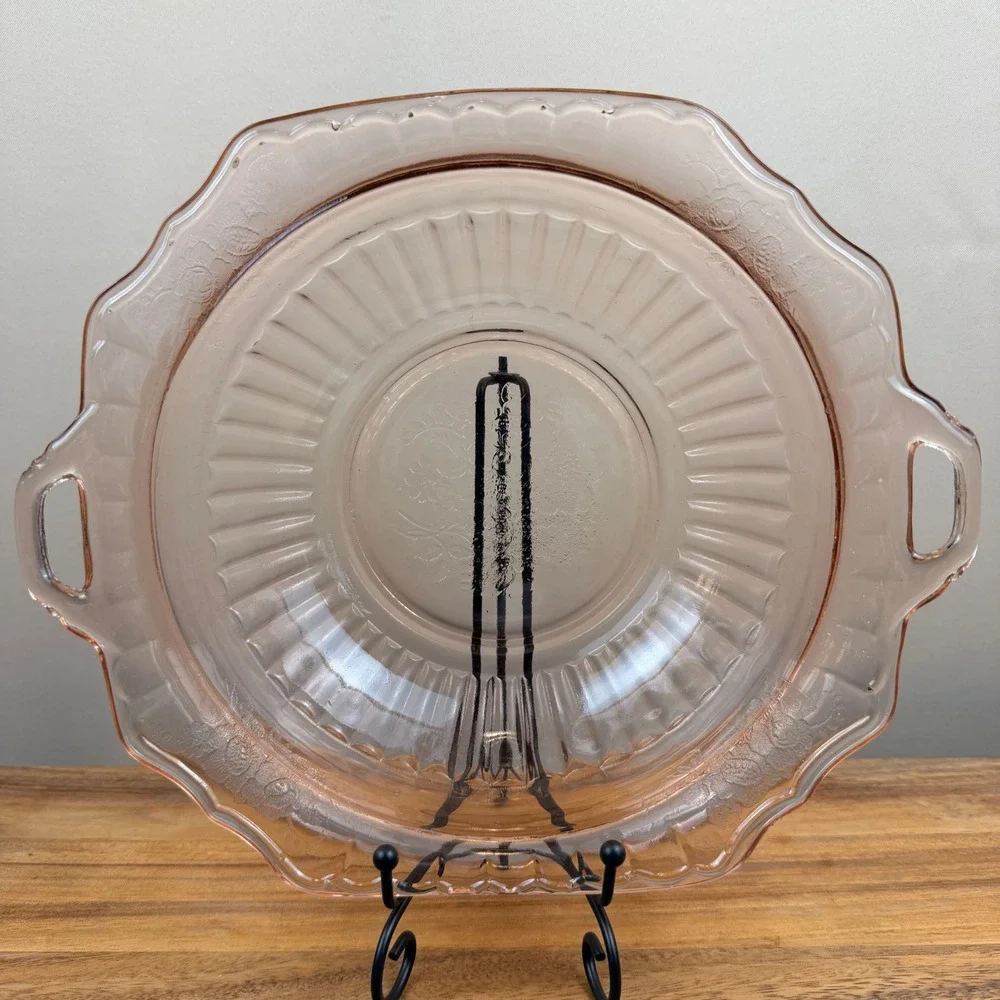 Anchor Hocking Mayfair Open Rose Pink Depression Large Handled Serving Bowl